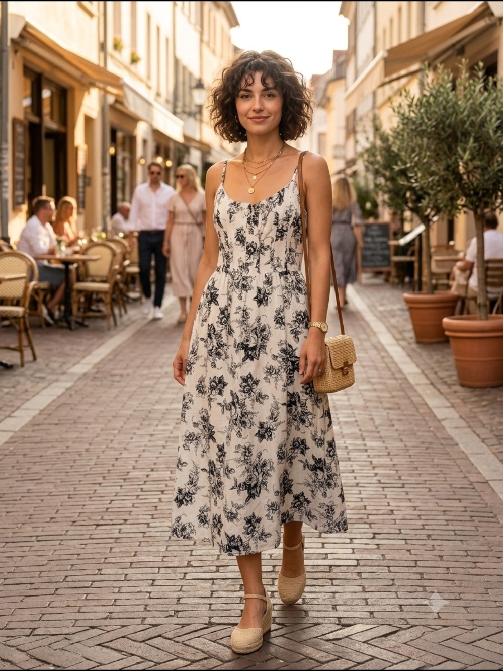 WAYF Black White Floral Midi Dress Women's Large Sleeveless Adjustable Strap Fit